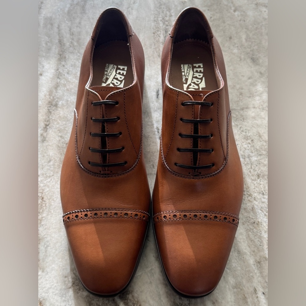 Salvatore Ferragamo Tan Brown Cap-Toe Oxfords with Brogue Trim